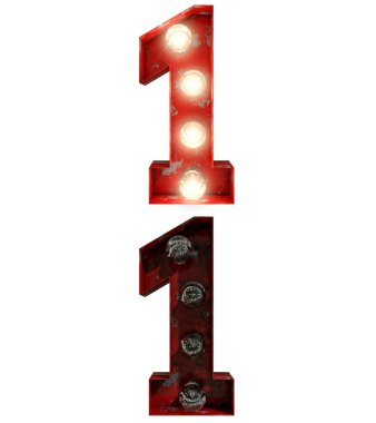 Eski Kızıl Paslı Ampul Harfleri farklı eyaletlerde farklı yazı karakterleri, ışıkları açık ve kapalı.