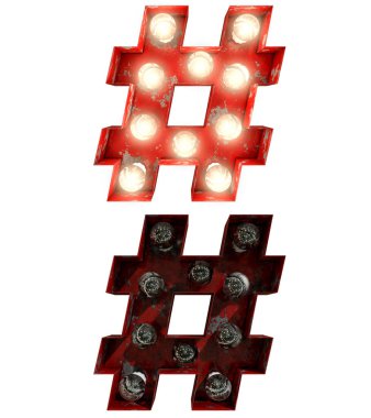 Eski Kızıl Paslı Ampul Harfleri farklı eyaletlerde farklı yazı karakterleri, açık ve kapalı hashtag ile