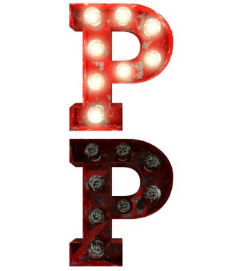 Eski Kızıl Paslı Ampul Harfleri farklı eyaletlerde farklı yazı karakterleri, P 'yi açıp kapatan