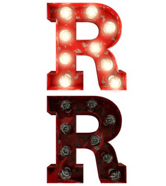 Eski Kızıl Paslı Ampul Harfleri farklı eyaletlerde farklı yazı karakterleri, ışıkları açık ve kapalı.