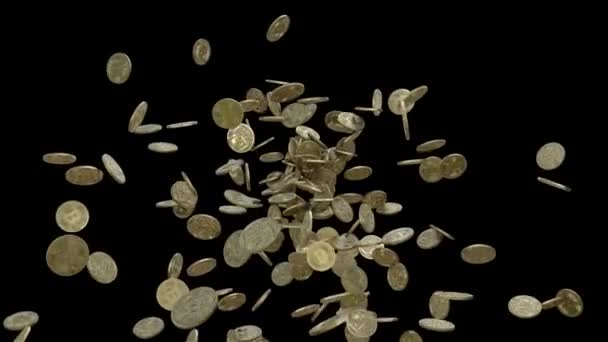 Monedas Bitcoin Emitidas Desde Centro Solera Con Canal Alfa — Vídeos de Stock