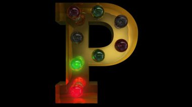 Beş farklı dikişsiz döngü animasyonu P 'de parıldayan altın Noel lambası harfi alfabesi.