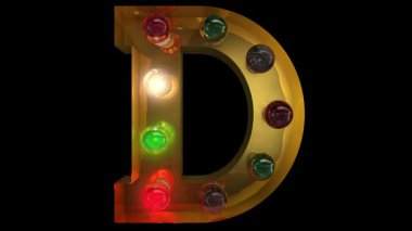 Beş farklı dikişsiz döngü animasyonu D 'de parıldayan altın Noel lambası harfi alfabesi.