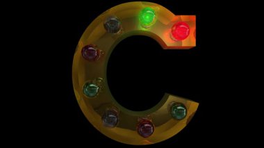 Beş farklı dikişsiz döngü animasyon C 'de parıldayan altın Noel lambası harfi alfabesi.
