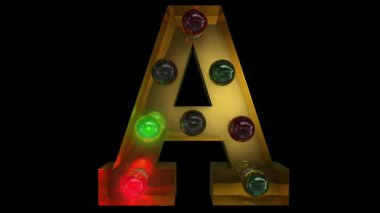 Beş farklı dikişsiz döngü animasyonunda parıldayan altın Noel lambası harfi alfabesi.