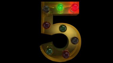 Beş farklı dikişsiz döngü animasyonu olan beş farklı alfabedeki altın sarısı Noel lambası.