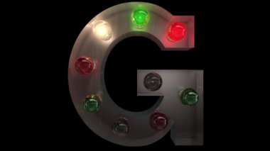 Beş farklı dikişsiz döngü animasyonu G 'de parıldayan gümüşten bir Noel lambası harfi alfabesi.