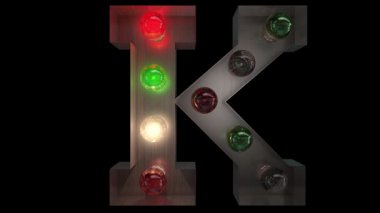 Beş farklı dikişsiz döngü animasyon K 'de parıldayan gümüşten bir Noel lambası harfi alfabesi.