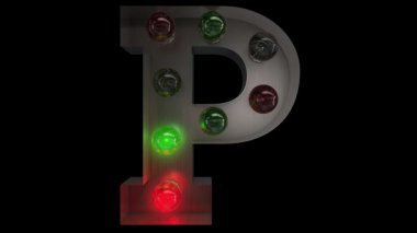 Beş farklı dikişsiz döngü animasyon P 'de parıldayan gümüşten bir Noel ışığı ampulü harfi alfabesi.