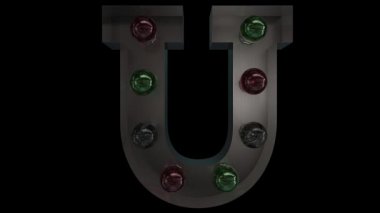 Beş farklı dikişsiz döngü animasyonunda parıldayan gümüşten bir Noel lambası alfabesi.