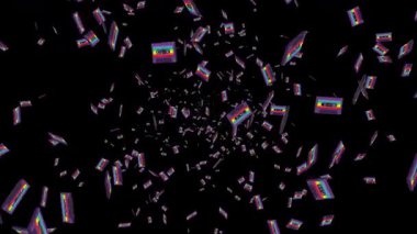 Renkli çizgi film ses kasetleri kaotik bir şekilde kameraya doğru uçuyor.