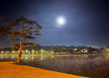 Da Lat 'ın bahar gölünde nemli bir gece.
