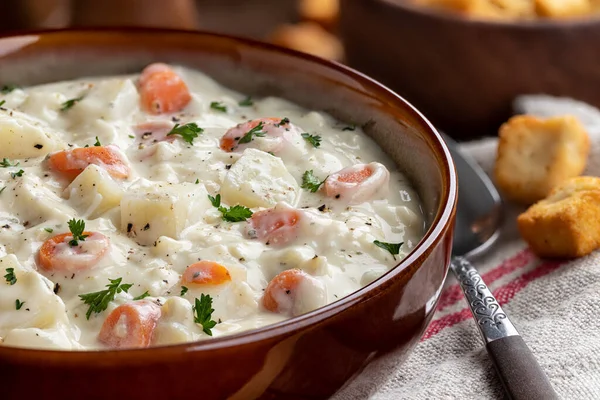 Closeup Bowl Creamy Potato Carrot Soup Croutons — Stock Photo, Image