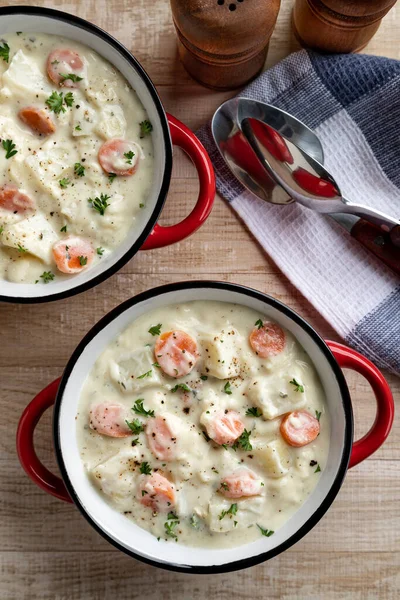 Creamy Potato Carrot Soup Rustic Wooden Table Overhead View — Stock Photo, Image