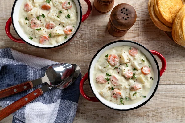 Creamy Potato Carrot Soup Rustic Wooden Table Overhead View — Stock Photo, Image