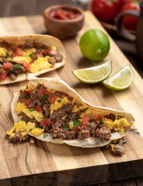 Çırpılmış yumurta, sosis ve domatesli kahvaltılık taco.