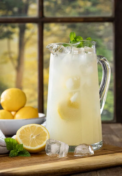 Pitcher Lemonade Lemons Wooden Table Window Rural Background Scene — Stock Photo, Image