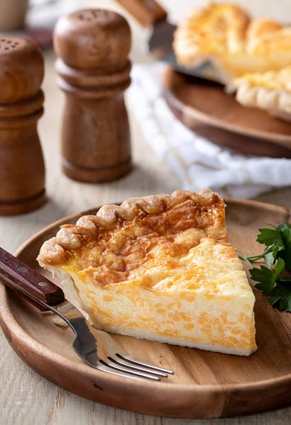 Closeup Slice Cheese Quiche Wooden Plate — Stock Photo, Image