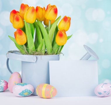 Renkli Paskalya yumurtaları ve laleler
