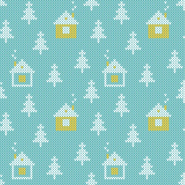 Noel süveteri desenli. Kış ormanlarında küçük evleri olan kusursuz kış desenleri. Mavi, sarı ve beyaz renklerde örülmüş arkaplan.
