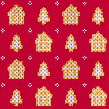 Noel süveteri kış kulübeleri deseni. Küçük zencefilli kek kulübeleri ve Noel ağaçları olan kusursuz bir tatil düzeni. Kırmızı örgü arkaplanda sarı ve beyaz motifler.