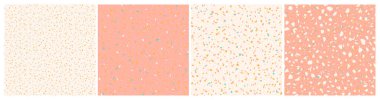 Terrazzo desenleri dizisi. Pembe, krema ve hardal sarısı, turkuaz terrazzo desenli arka planlar. Renkli, nazik, pastel arka planlar.