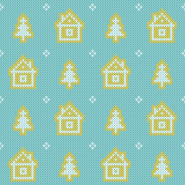 Noel süveteri, zencefilli çörek, kış kulübeleri. Küçük zencefilli kurabiye kulübeleri ve Noel ağaçları olan kusursuz bir tatil düzeni. Pastel mavi örgü arka planda sarı ve beyaz motifler.