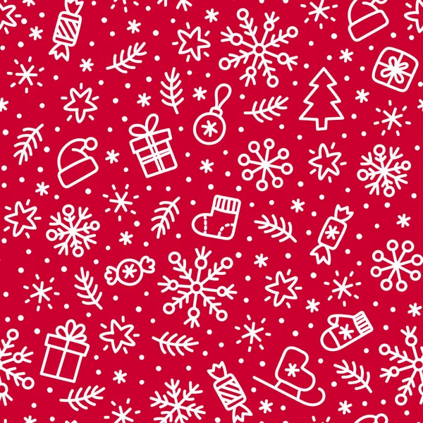 Garabato Navidad Blanco Patrón Rojo Sin Costuras Copos Nieve Dibujados — Archivo Imágenes Vectoriales