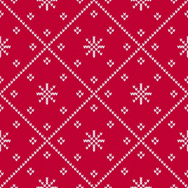 Kırmızı Noel süveteri üzerine beyaz, pırlanta desenli, kar taneli. Beyaz kar taneleri ve kırmızı zemin üzerinde çapraz çizgilerle örülmüş Fair Island tarzı kış deseni..
