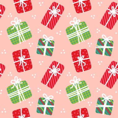 Noel hediyesi kutusu kusursuz bir desen oluşturur. Renkli ambalaj kağıdı yeşil, kırmızı, pembe ve beyaz. Mesafe hediyesi tatil posta illüstrasyonu.
