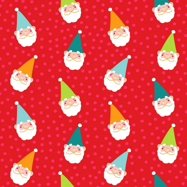 Gnomes Noël Visages Dans Des Chapeaux Colorés Sur Fond Rouge — Image vectorielle