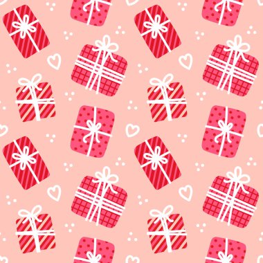 Pembe arka planda kırmızı hediye kutuları var. Sevgililer günü hediyeleri, pastel pembe arka plan ambalaj kağıdında paketler ve kalpler. Uzaklık hediyesi romantik posta illüstrasyonu.