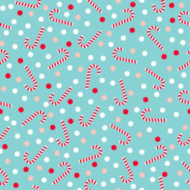 Noel şeker kamışları ve pastel mavi arka planda dikişsiz konfeti deseni. Dağınık yönsüz beyaz, kırmızı, pembe ve mavi kış tatili deseni, tarafsız festival arkaplanı.