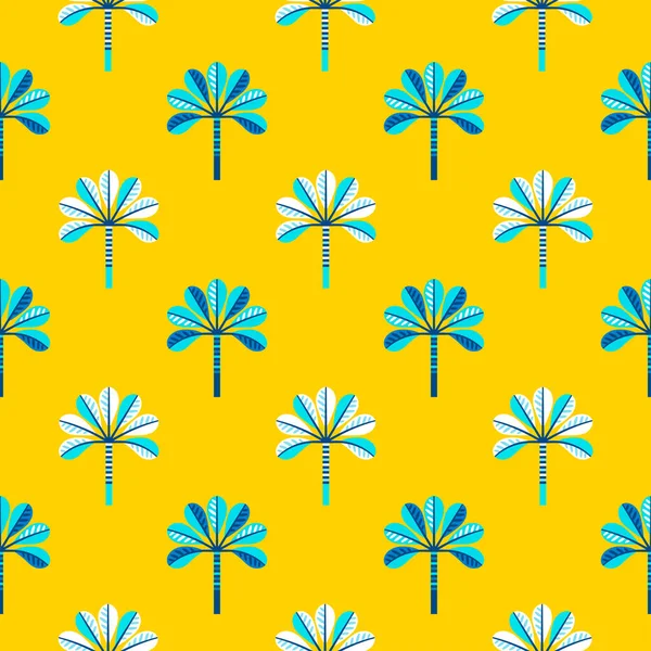 Bright Blue Palm Trees Yellow Background Seamless Vector Pattern Colorful — Stock Vector