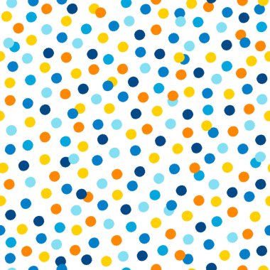 Renkli konfeti polka noktasız vektör deseni. Donanma, mavi, turuncu, sarı noktalar. Kenarları beyaz arka planda izole edilmiş. Şenlikli klasik dağınık tekstil deseni.