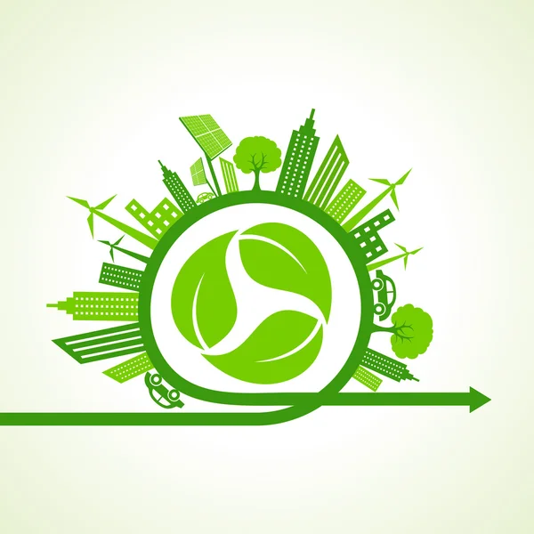 Conceito de cidade ecológica com ícone de reciclagem de vetor de estoque de folha — Vetor de Stock