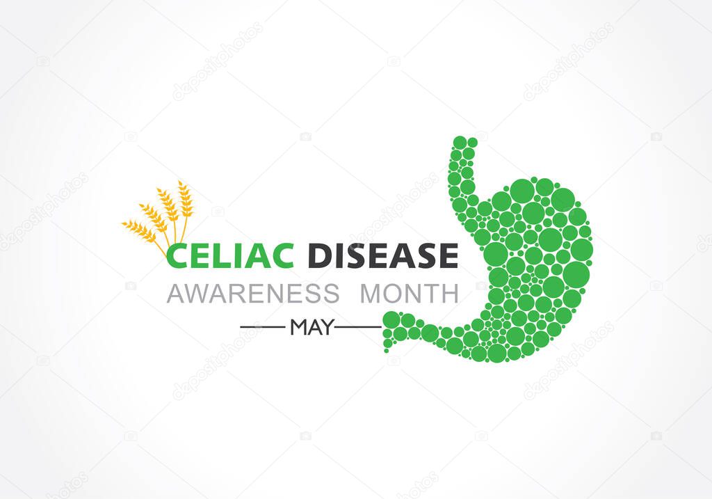 Vector illustration of Celiac Disease Awareness Month in May. It is an immune reaction to eating gluten, a protein found in wheat, barley.