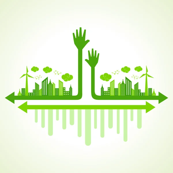 Mano verde y paisaje urbano ecológico — Vector de stock