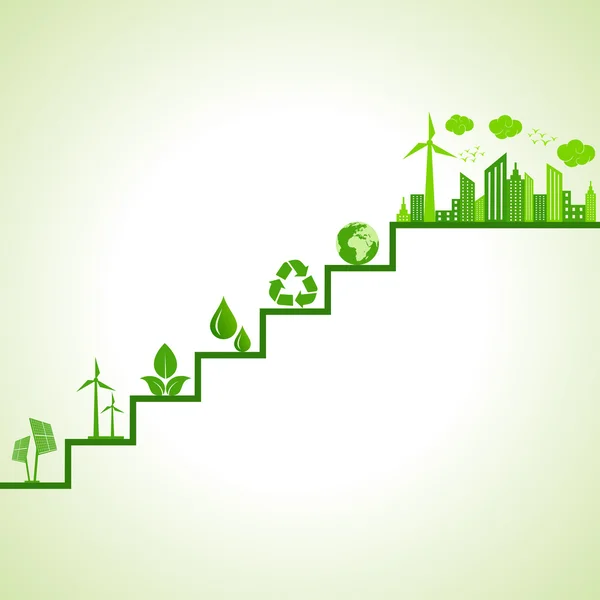 Eco cityscape and icons on stairs — Stock Vector