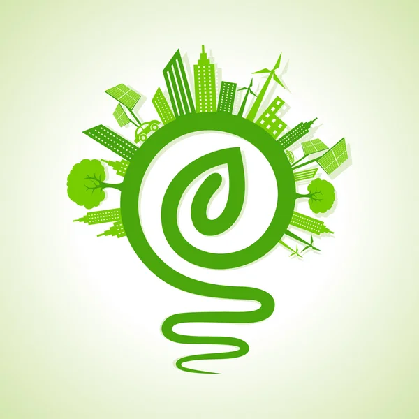 Eco cityscape with light-bulb and leaf — Stock Vector