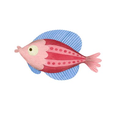 Beyaz arka planda izole edilmiş tatlı suluboya çizgi film balığı..