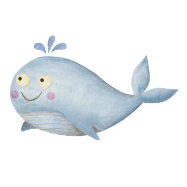 Beyaz arka planda izole edilmiş tatlı suluboya karikatür yunusu..