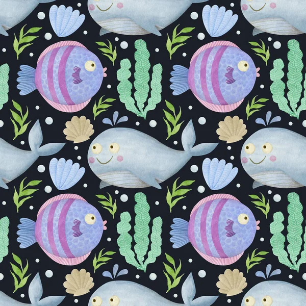 Cute watercolor seamless pattern, cartoon underwater ocean, sea animals on a black background.