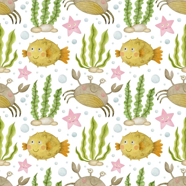 Cute watercolor seamless pattern, cartoon underwater ocean, sea animals on a white background, crab.