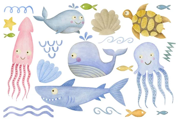 Tatlı Suluboya Karikatür Seti Okyanus Altı Deniz Hayvanları — Stok fotoğraf