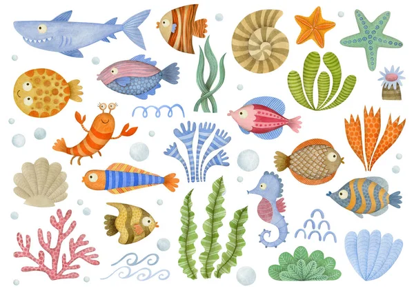 Cute Zestaw Akwareli Kreskówek Podwodnych Oceanu Zwierząt Morskich — Zdjęcie stockowe