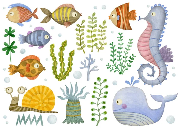 Cute watercolor set of cartoon underwater ocean sea animals.