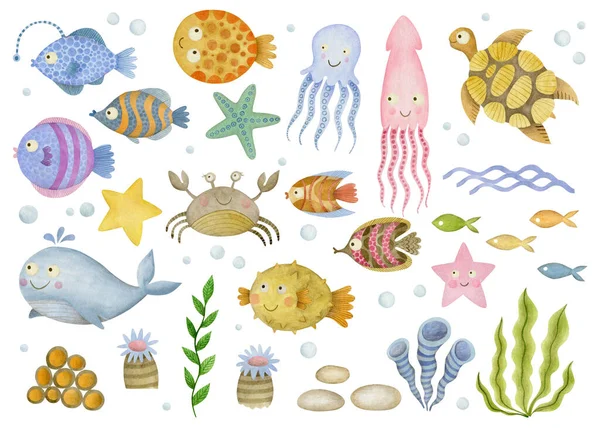 Lindo Conjunto Acuarela Dibujos Animados Animales Marinos Submarinos — Foto de Stock