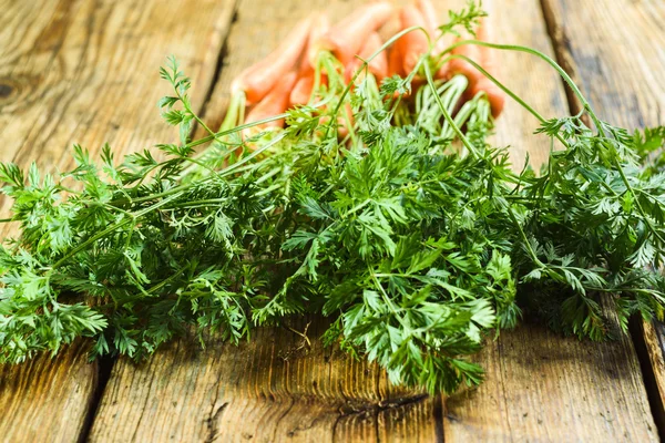 Saftiger Bund Möhren auf rustikalem Holztisch. — Stockfoto