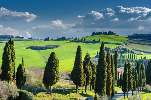 Onbeschrijflijk panoramisch uitzicht op het Toscaanse platteland. — Stockfoto